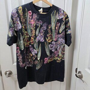 Hand-Painted Black T-Shirt XL Floral Design Rhinestone Accents India Ink‎ 80s